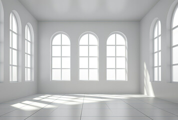 Empty Room With Three Windows and Tiled Floor