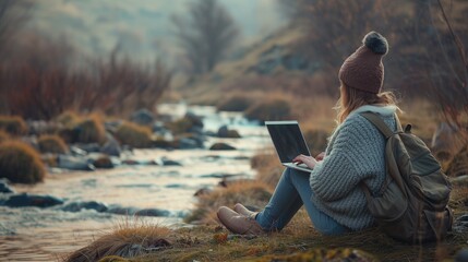 Digital nomad woman working remotely on laptop Located next to the stream, Freelance, dream job.