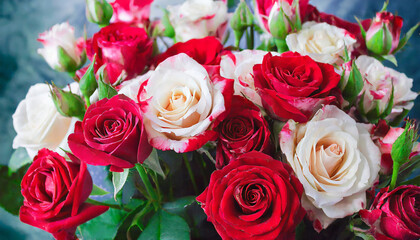 Naklejka premium bouquet of red-white roses close up; beautiful floral rose background