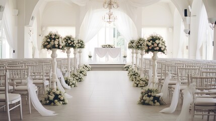 Fototapeta na wymiar Place for wedding ceremony in white color with white fireplace and chandeliers decorated with flowers and white cloth and wooden chairs for guests on each side outdoors