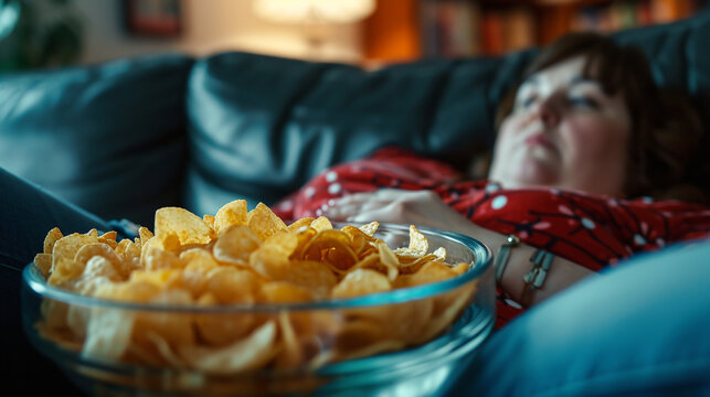 Lazy woman with chips lying on sofa. 