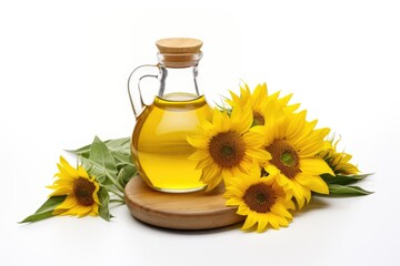 Sunflowers, a bottle of sunflower oil. Foreground.