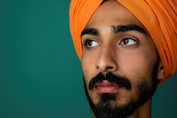 Studio shot of a young Indian man with a turban, isolated on a deep green background.