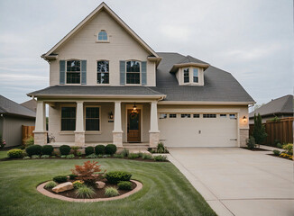 Modern style suburban home with shingle roof and car driveway view from the street.