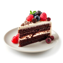 Slice of Cake on plate side view  isolated on white background