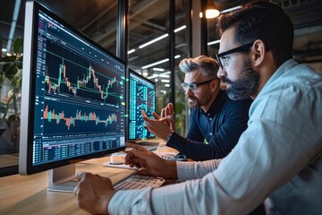 Two diverse crypto traders stock exchange market investors discussing trading charts research reports growth using pc computer looking at screen analyzing invest strategy, financial, Generative AI