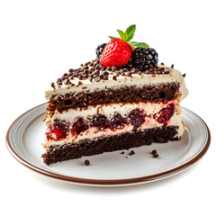 Slice of Cake on plate side view  isolated on white background