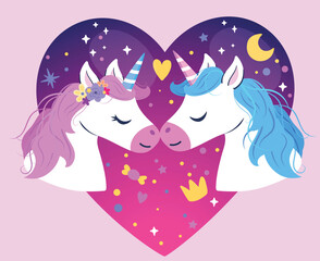 Cartoon unicorns for St. Valentine's Day on February 14. Magical unicorn vector illustration with glitter. Vector characters for birthday, invitation, kids t-shirts and stickers