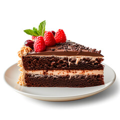 Slice of Cake on plate side view  isolated on white background