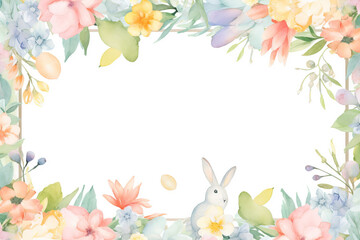 a frame incorporating elements of an Easter egg hunt, showcasing decorated eggs hidden among flowers, along with cute bunnies, nests,  pastel-colored