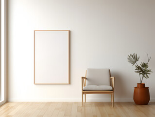 3D empty blank frame mockup with a chair in front of the wall