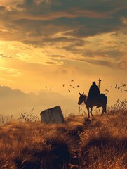 Palm Sunday concept: Silhouette Jesus Christ riding donkey with tomb stone on meadow sunset background, poster, realistic, HD, copy space - generative ai