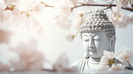 Buddha statue, delicate cherry blossoms in soft sunlight. Zen background