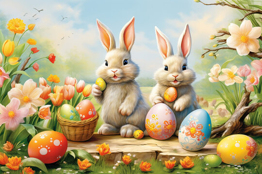 adorable bunnies hopping among decorated eggs