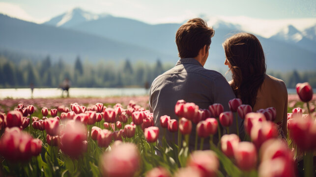 Joyful young couple in tulip flowers spring blooming field sharing a moment