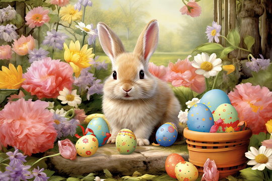 adorable bunnies hopping among decorated eggs