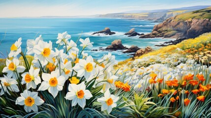 A painting of white and yellow flowers by the ocean - Powered by Adobe