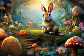  Easter Bunny surrounded by eggs, flowers, and butterflies in a charming woodland setting.