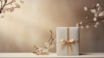 Multiple beige presents in japandi, wabi sabi style minimalist background