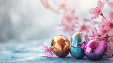 Three shiny easter eggs sitting next to a pink flower
