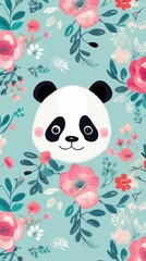 A panda bear surrounded by flowers on a blue background