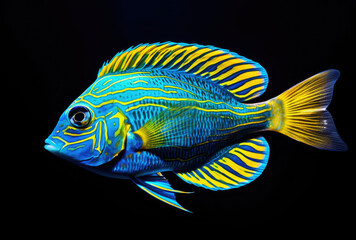 Blue and Yellow Fish on Black Background