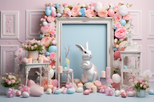  picture frame adorned with playful bunnies, colorful decorated eggs and bunny