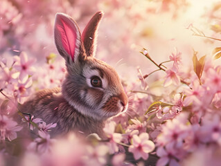 Fototapeta premium Cute little rabbit on the background of spring cherry blossoms.