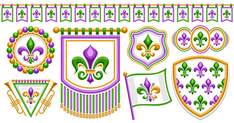 Vector Fleur de Lis set, horizontal banner with collection of isolated illustrations of variety green and purple fleur de lis flourishes, seamless bunting, group of vintage decorative design elements - obrazy, fototapety, plakaty