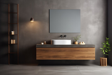 modern bathroom in gray tones and wooden furniture