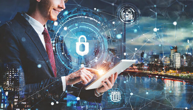 Cyber security and mobile banking concept with hand using tablet and log for data secure to protection information from hacker when transaction making with international online market place