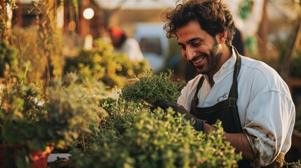 Middle Eastern florist working at a garden center happy man - obrazy, fototapety, plakaty