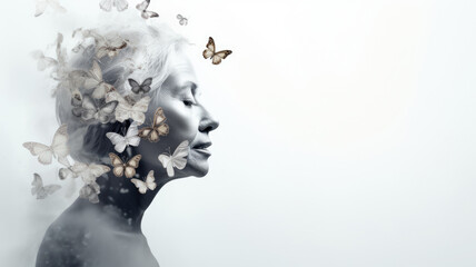 Mature woman profile with butterflies flying from head, concept of memories