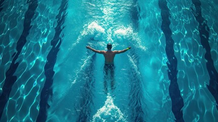 Aerial Top View Male Swimmer Swimming in Swimming Pool. - obrazy, fototapety, plakaty