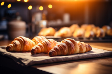 homemade croissants on a baking sheet against the backdrop of a cozy kitchen - obrazy, fototapety, plakaty