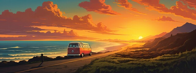 Road trip with sunset. Travel and vacation. colorful
