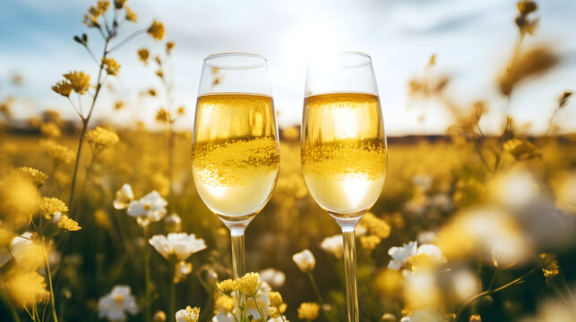 Product photograph of two glasses of champagne in a field of blooming flowers. Sunlight. Drinks. Valentines. Love