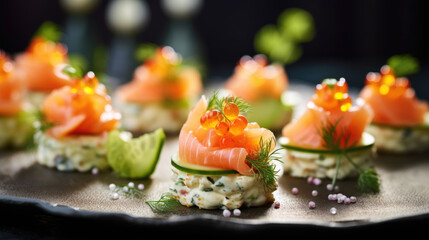 canape with salmon and caviar and cucumber - obrazy, fototapety, plakaty