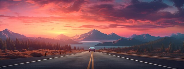 Road trip with sunset. Travel and vacation. colorful