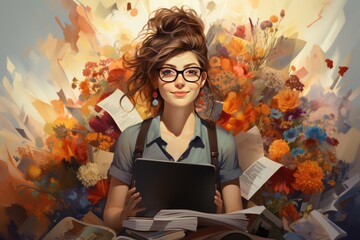 A person with ADHD surrounded by colorful and engaging elements of the planner, such as checklists, reminders, and goal-setting sections. 