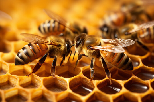 a swarm of bees working on honeycombs