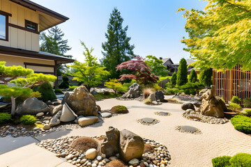Zen-Gartenlandschaft: Eine harmonische Gartenidylle mit Zengarten, eine natürliche Oase der Entspannung und Ruhe inmitten der Natur - obrazy, fototapety, plakaty