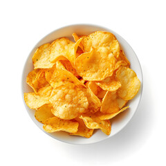 Potato chips on white bowl, top view, isolated on white background