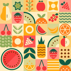 Geometry mosaic fruit seamless pattern. Abstract minimal summer fruits, berries, leaves repeat background banner. Vector natural organic plant simple shapes. Tasty wallpaper, textile, wrapping paper - 709886962