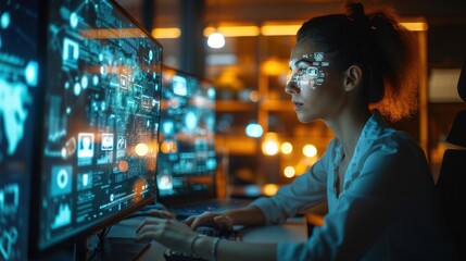 A beautiful short-haired project manager working on a computer in the office Augmented Reality social media icons appear on employees' laptops.