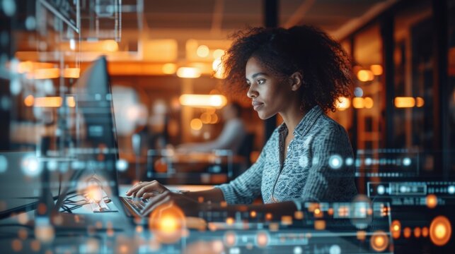 A beautiful short-haired project manager working on a computer in the office Augmented Reality social media icons appear on employees' laptops.