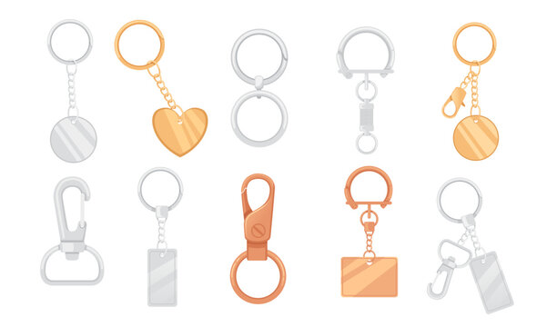 Set of metal keychain with ring and chain vector illustration isolated on white background