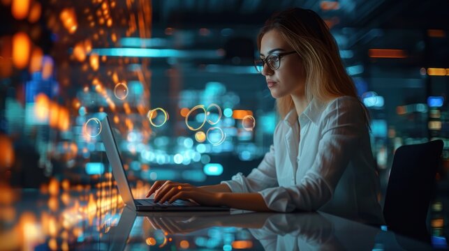 A beautiful short-haired project manager working on a computer in the office Augmented Reality social media icons appear on employees' laptops.