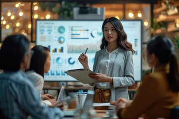 A female operations manager organizes a conference presentation for a team of economists. Asian women use digital technology - obrazy, fototapety, plakaty