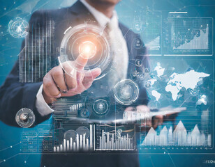 Data scanning concept with busineman hand touch on virtual screen to start data scan and analytics in business financial data around the world and summary on chart graph